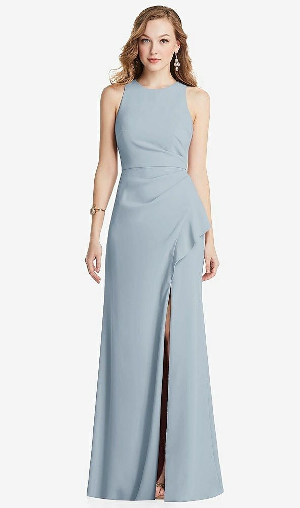 Front View - Mist Halter Maxi Dress with Cascade Ruffle Slit