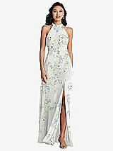 Rear View Thumbnail - Bleu Garden Stand Collar Halter Maxi Dress with Criss Cross Open-Back