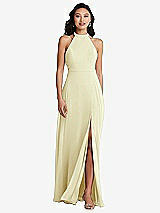 Rear View Thumbnail - Butter Yellow Stand Collar Halter Maxi Dress with Criss Cross Open-Back