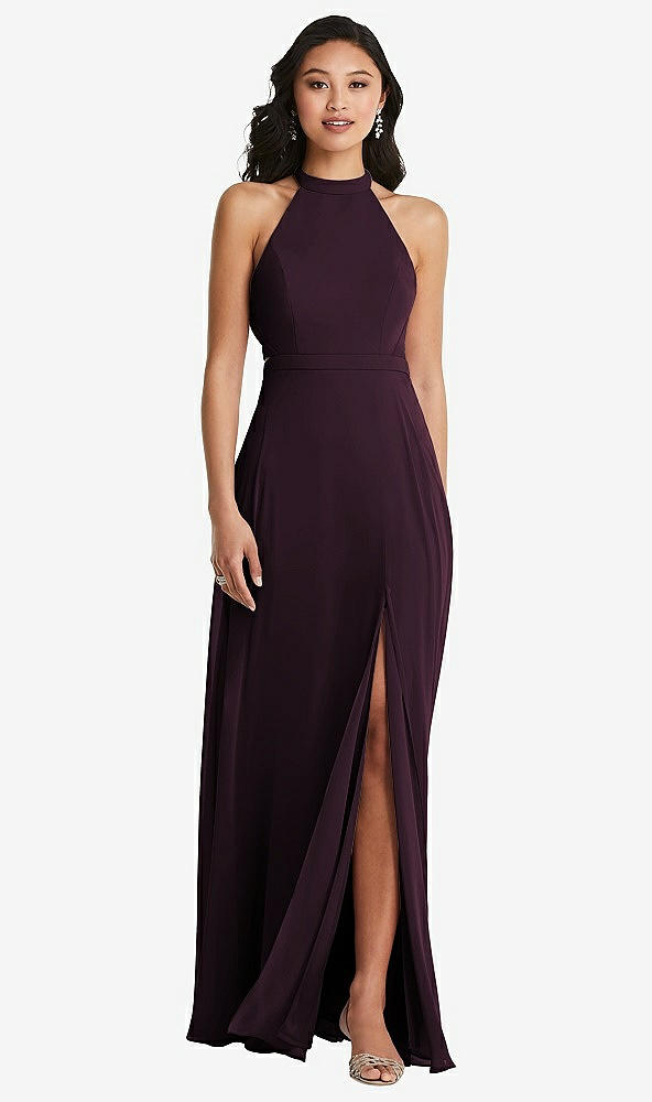 Back View - Deep Plum Stand Collar Halter Maxi Dress with Criss Cross Open-Back