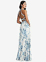 Front View Thumbnail - Cottage Rose Dusk Blue Stand Collar Halter Maxi Dress with Criss Cross Open-Back