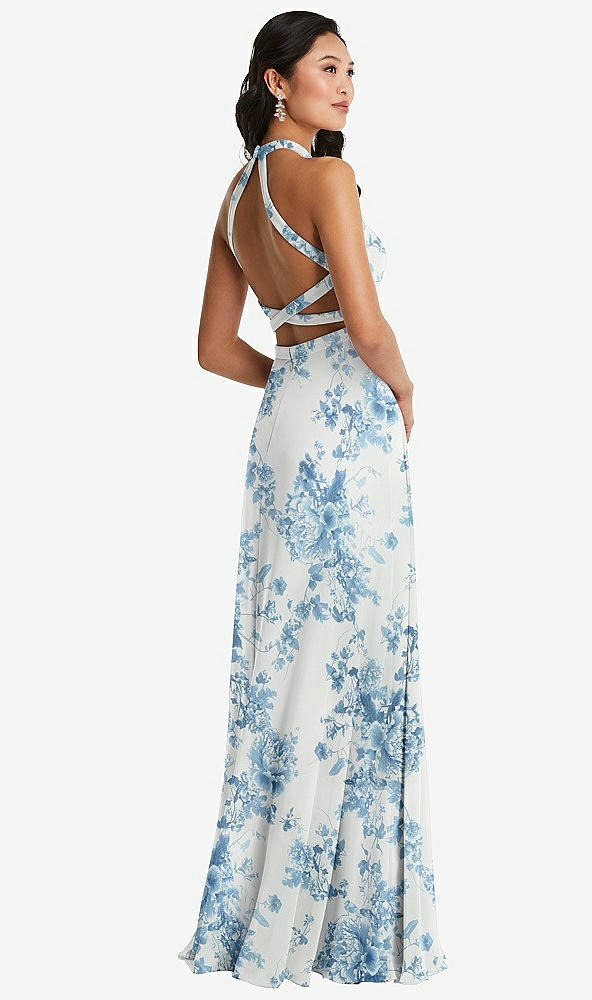 Front View - Cottage Rose Dusk Blue Stand Collar Halter Maxi Dress with Criss Cross Open-Back
