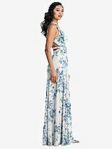 Side View Thumbnail - Cottage Rose Dusk Blue Stand Collar Halter Maxi Dress with Criss Cross Open-Back