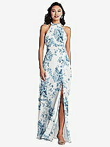 Rear View Thumbnail - Cottage Rose Dusk Blue Stand Collar Halter Maxi Dress with Criss Cross Open-Back