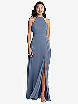 Rear View Thumbnail - Larkspur Blue Stand Collar Halter Maxi Dress with Criss Cross Open-Back