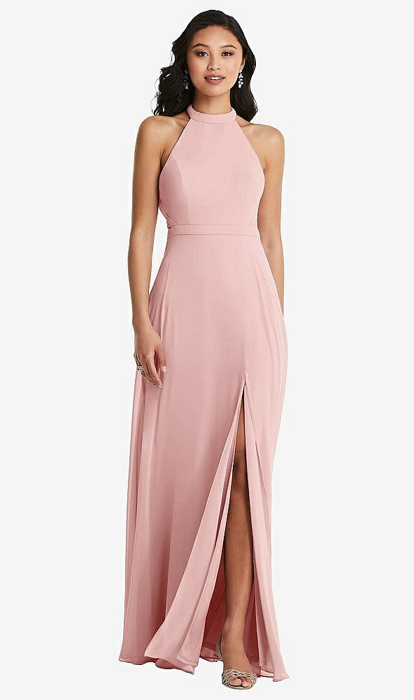 Back View - Rose Stand Collar Halter Maxi Dress with Criss Cross Open-Back