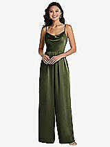 Front View Thumbnail - Olive Green Cowl-Neck Spaghetti Strap Maxi Jumpsuit with Pockets
