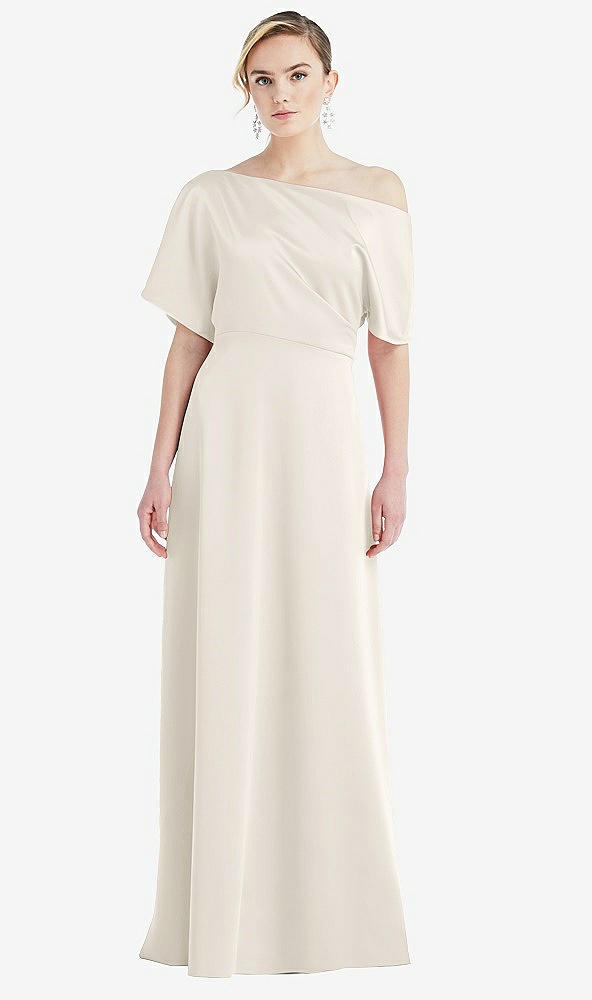 Front View - Ivory One-Shoulder Sleeved Blouson Trumpet Gown