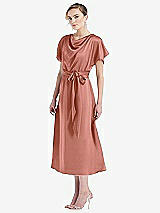 Side View Thumbnail - Desert Rose Cowl-Neck Kimono Sleeve Midi Dress with Bowed Sash