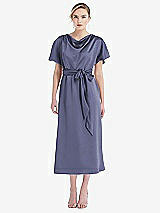 Front View Thumbnail - French Blue Cowl-Neck Kimono Sleeve Midi Dress with Bowed Sash
