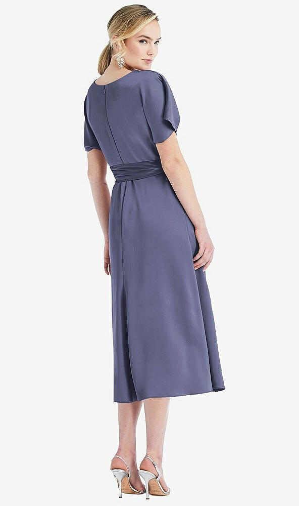 Back View - French Blue Cowl-Neck Kimono Sleeve Midi Dress with Bowed Sash