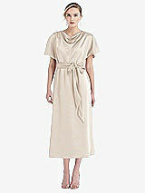 Front View Thumbnail - Oat Cowl-Neck Kimono Sleeve Midi Dress with Bowed Sash