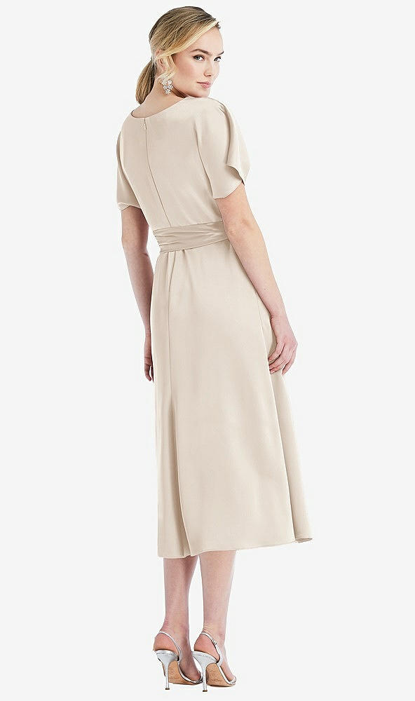 Back View - Oat Cowl-Neck Kimono Sleeve Midi Dress with Bowed Sash