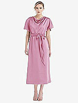 Front View Thumbnail - Powder Pink Cowl-Neck Kimono Sleeve Midi Dress with Bowed Sash