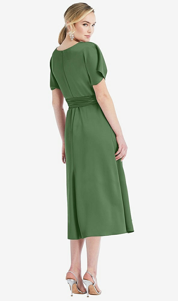 Back View - Vineyard Green Cowl-Neck Kimono Sleeve Midi Dress with Bowed Sash
