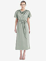 Front View Thumbnail - Willow Green Cowl-Neck Kimono Sleeve Midi Dress with Bowed Sash