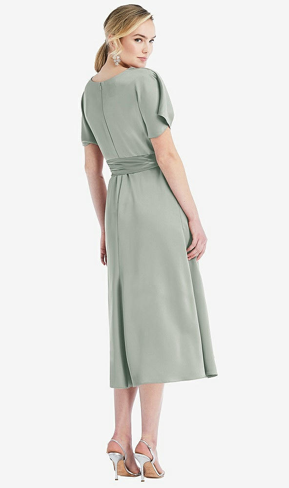 Back View - Willow Green Cowl-Neck Kimono Sleeve Midi Dress with Bowed Sash