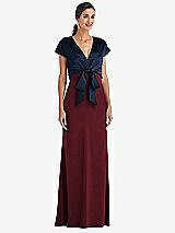 Front View Thumbnail - Cabernet & Midnight Navy Soft Bow Blouson Bodice Trumpet Gown