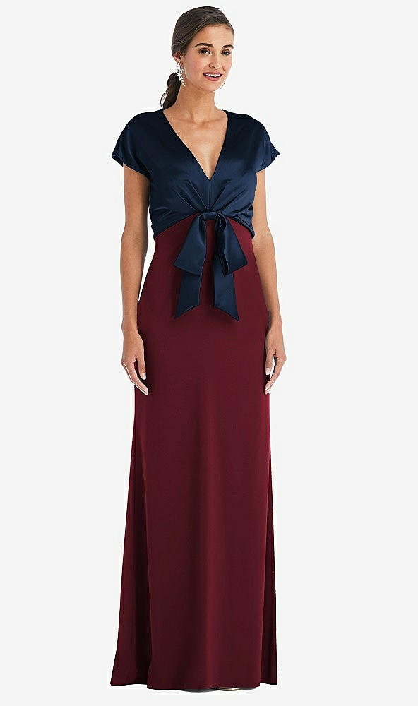 Front View - Cabernet & Midnight Navy Soft Bow Blouson Bodice Trumpet Gown