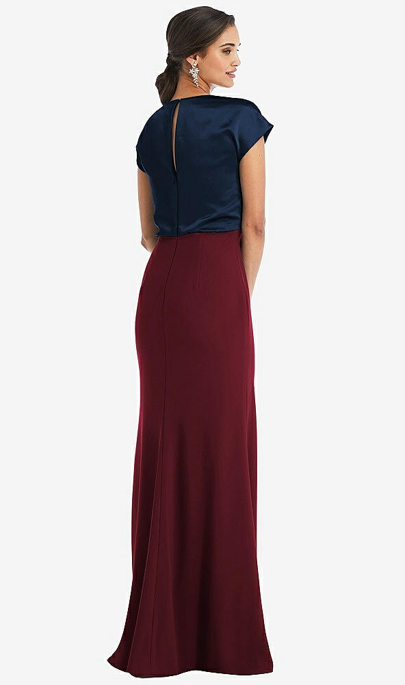 Back View - Cabernet & Midnight Navy Soft Bow Blouson Bodice Trumpet Gown