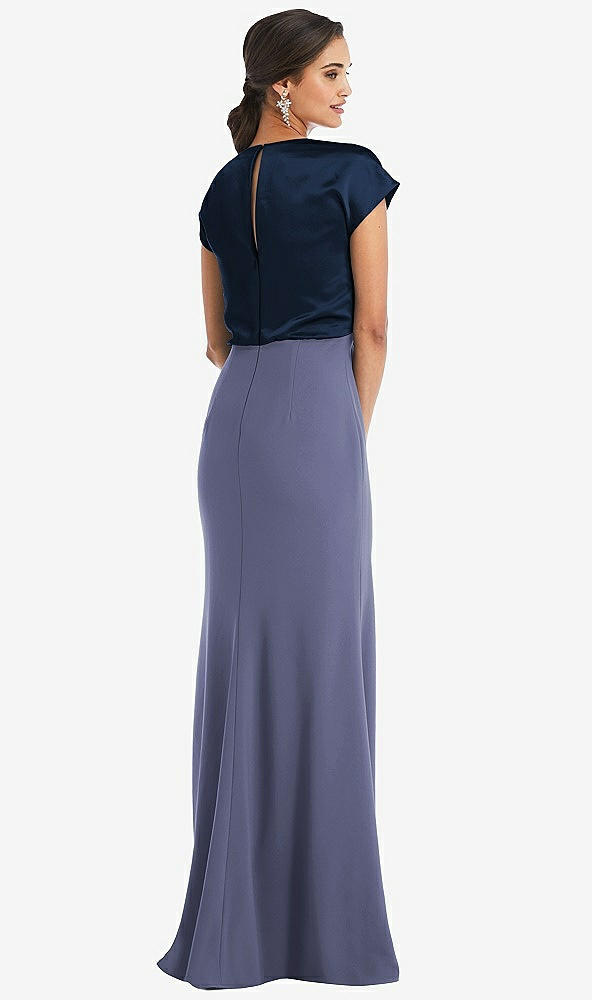 Back View - French Blue & Midnight Navy Soft Bow Blouson Bodice Trumpet Gown