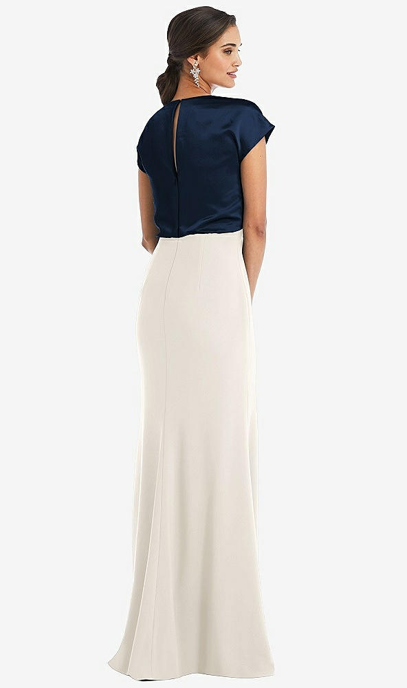 Back View - Ivory & Midnight Navy Soft Bow Blouson Bodice Trumpet Gown