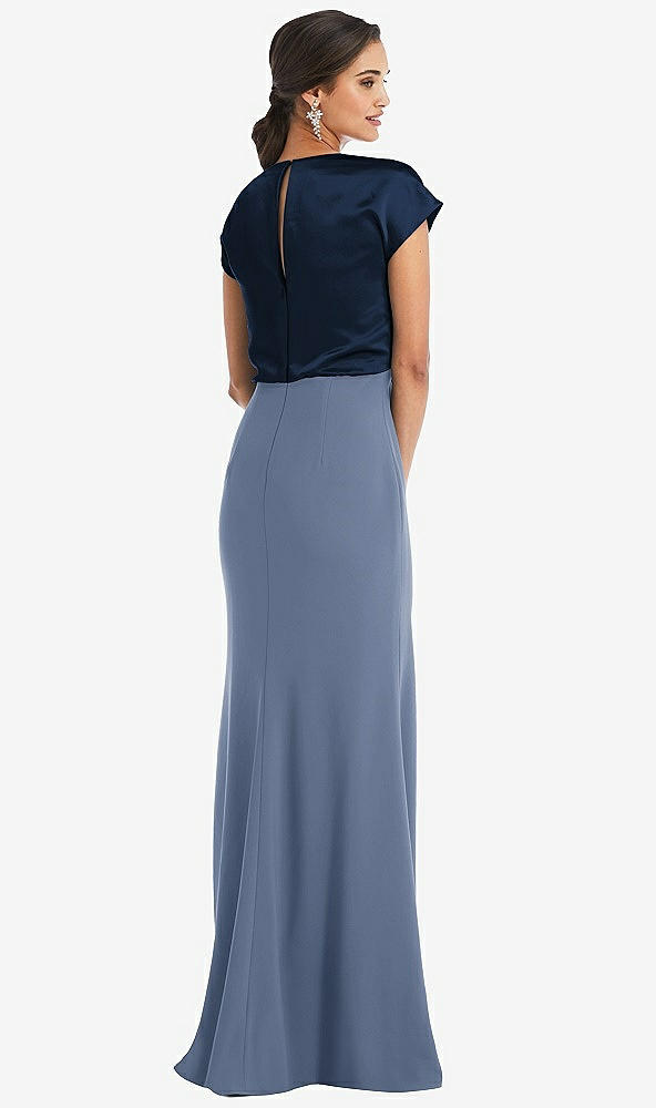 Back View - Larkspur Blue & Midnight Navy Soft Bow Blouson Bodice Trumpet Gown