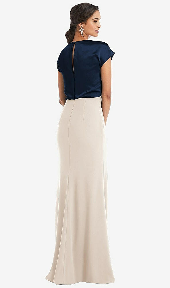 Back View - Oat & Midnight Navy Soft Bow Blouson Bodice Trumpet Gown