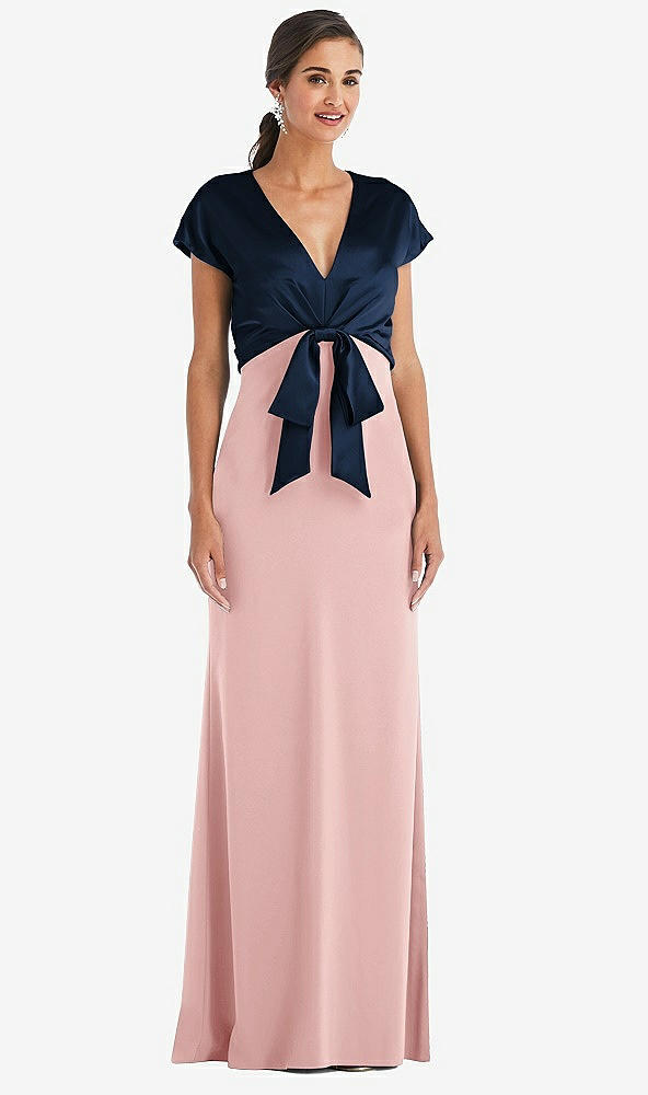 Front View - Rose & Midnight Navy Soft Bow Blouson Bodice Trumpet Gown