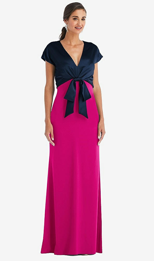 Front View - Think Pink & Midnight Navy Soft Bow Blouson Bodice Trumpet Gown