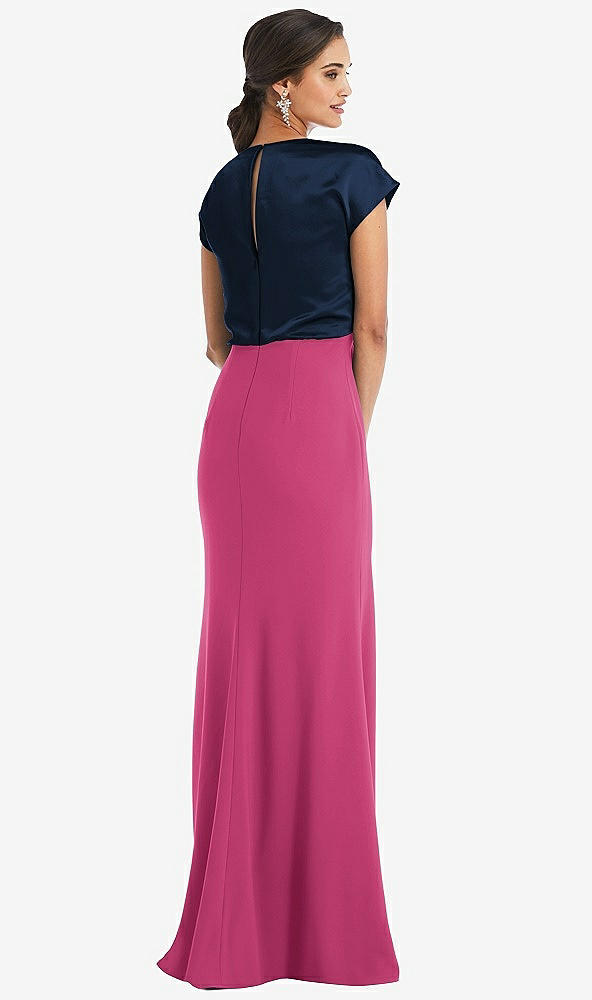 Back View - Tea Rose & Midnight Navy Soft Bow Blouson Bodice Trumpet Gown