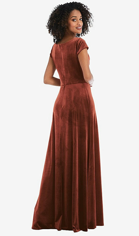 Back View - Auburn Moon Cowl-Neck Cap Sleeve Velvet Maxi Dress with Pockets