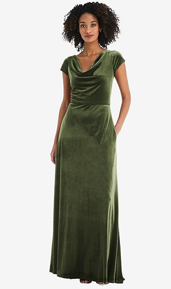 Front View - Olive Green Cowl-Neck Cap Sleeve Velvet Maxi Dress with Pockets