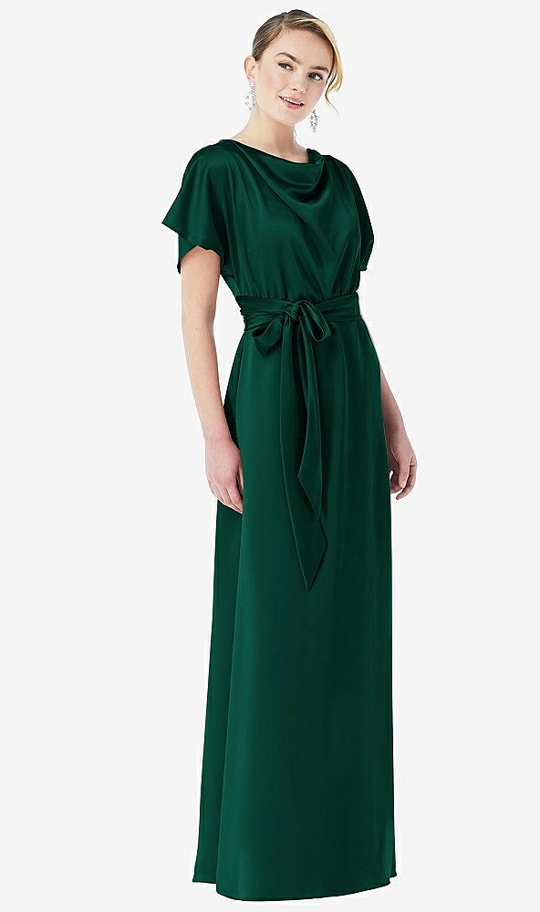 Front View - Hunter Green Cowl-Neck Kimono Sleeve Maxi Dress with Bowed Sash