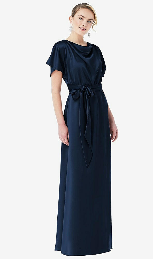 Front View - Midnight Navy Cowl-Neck Kimono Sleeve Maxi Dress with Bowed Sash