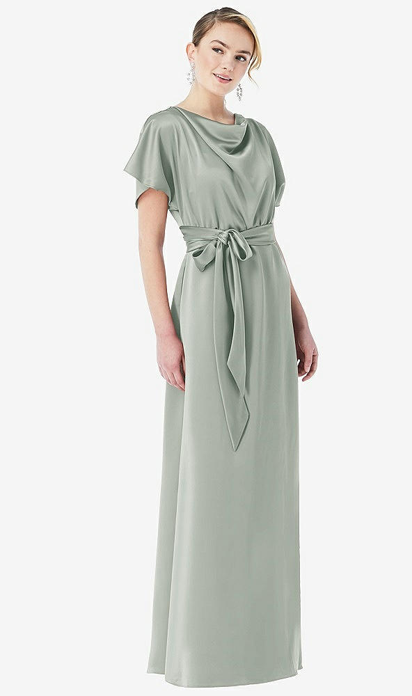 Front View - Willow Green Cowl-Neck Kimono Sleeve Maxi Dress with Bowed Sash
