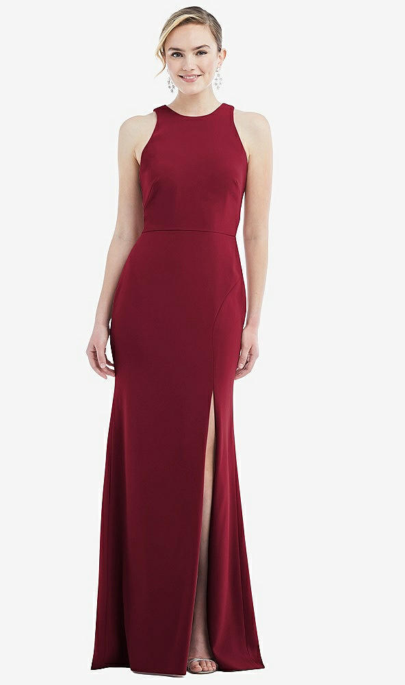 Back View - Burgundy & Mist Cutout Open-Back Halter Maxi Dress with Scarf Tie