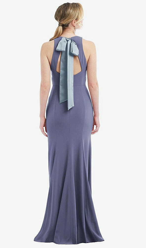 Front View - French Blue & Mist Cutout Open-Back Halter Maxi Dress with Scarf Tie