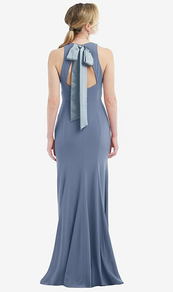 Front View - Larkspur Blue & Mist Cutout Open-Back Halter Maxi Dress with Scarf Tie