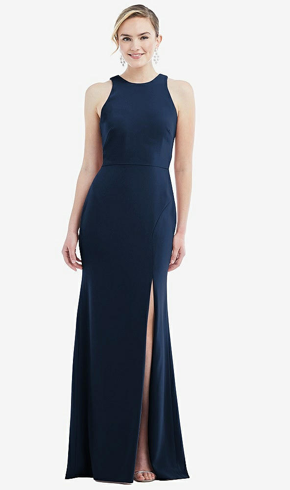 Back View - Midnight Navy & Mist Cutout Open-Back Halter Maxi Dress with Scarf Tie