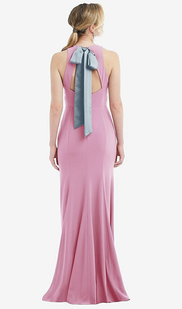 Front View - Powder Pink & Mist Cutout Open-Back Halter Maxi Dress with Scarf Tie