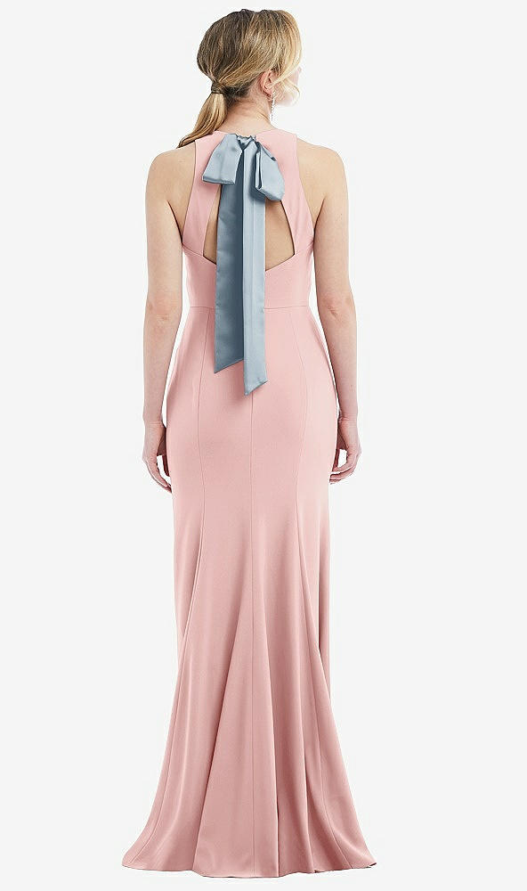 Front View - Rose & Mist Cutout Open-Back Halter Maxi Dress with Scarf Tie