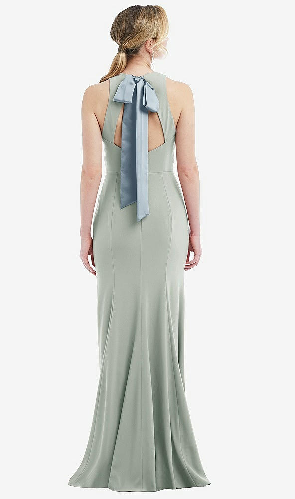 Front View - Willow Green & Mist Cutout Open-Back Halter Maxi Dress with Scarf Tie