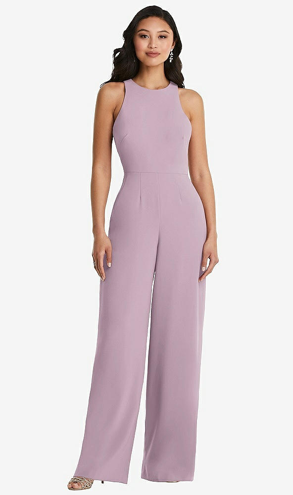 Back View - Suede Rose & Cabernet Cutout Open-Back Halter Jumpsuit with Scarf Tie