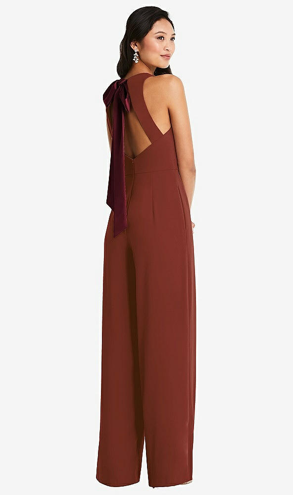 Front View - Auburn Moon & Cabernet Cutout Open-Back Halter Jumpsuit with Scarf Tie