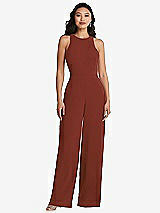 Rear View Thumbnail - Auburn Moon & Cabernet Cutout Open-Back Halter Jumpsuit with Scarf Tie