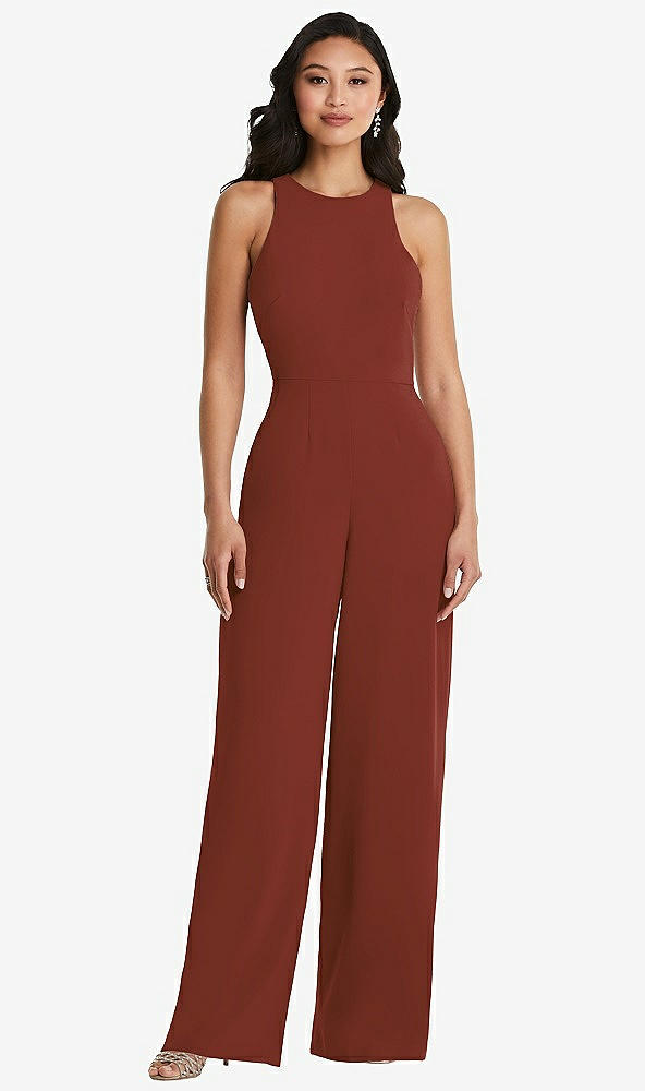 Back View - Auburn Moon & Cabernet Cutout Open-Back Halter Jumpsuit with Scarf Tie