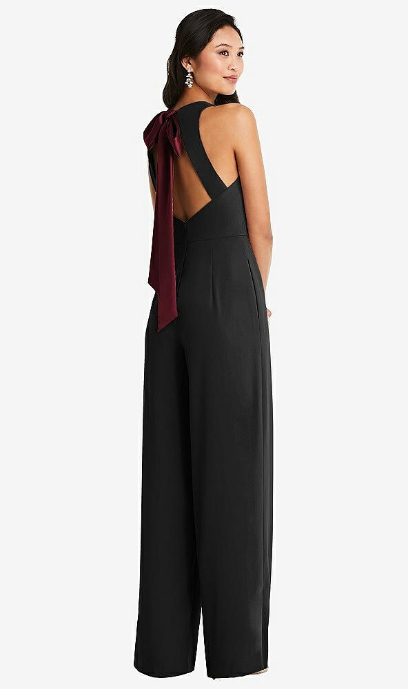 Front View - Black & Cabernet Cutout Open-Back Halter Jumpsuit with Scarf Tie