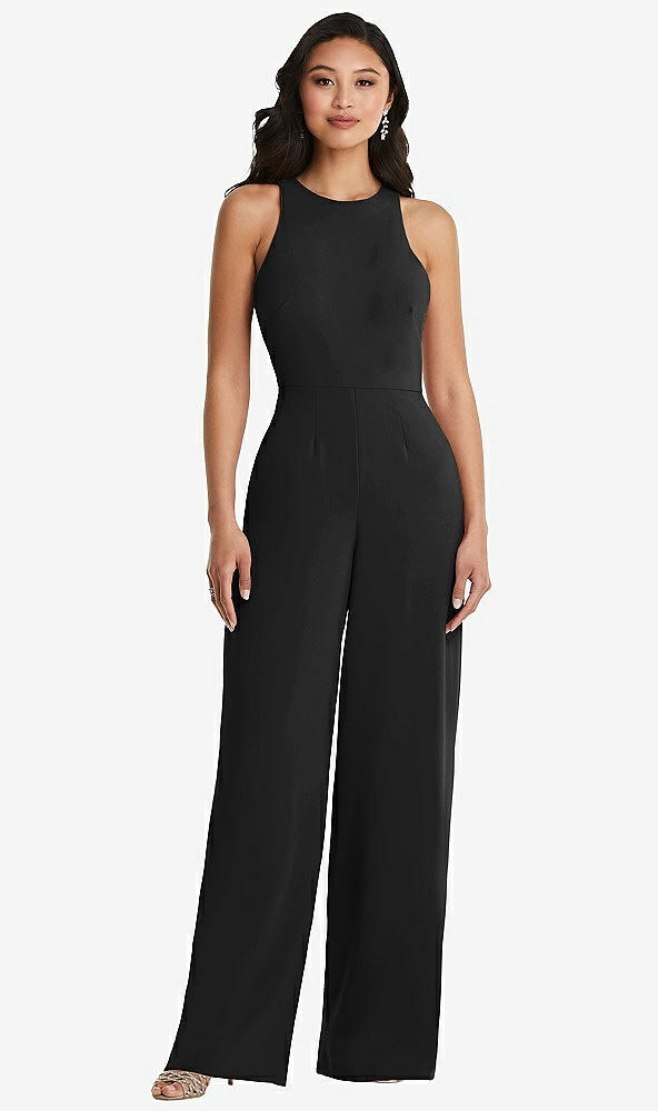 Back View - Black & Cabernet Cutout Open-Back Halter Jumpsuit with Scarf Tie