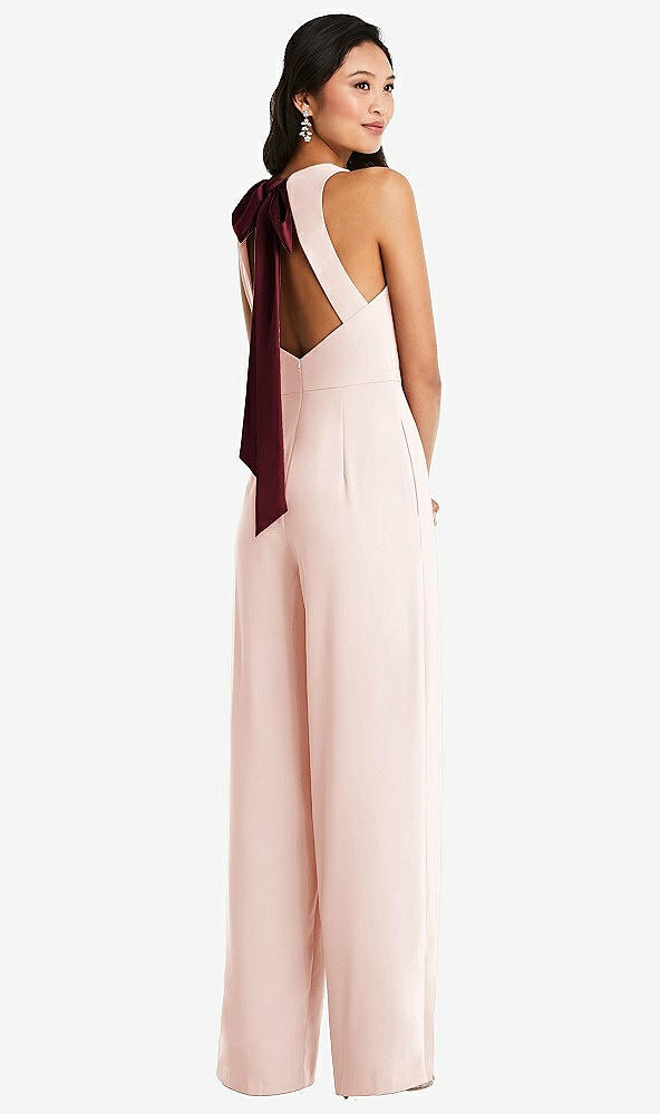 Front View - Blush & Cabernet Cutout Open-Back Halter Jumpsuit with Scarf Tie